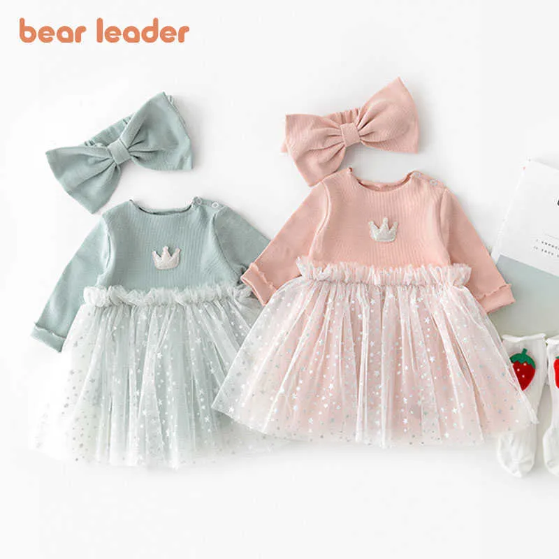 Bärenführer Kleinkind Mädchen Casual Strampler Kleid Mode Frühling Infant Prinzessin Krone Voile Patchwork Bodys Babykleidung 210708