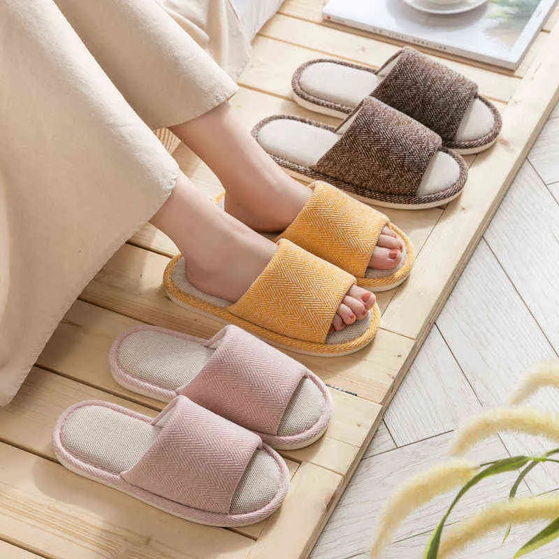 Home Linnen Katoenen Schoenen Dames Huis Slippers Casual Zachte Indoor Floor Schoenen Lente Herfst Dames Mute Slippers Sandalen Slipper Y1206