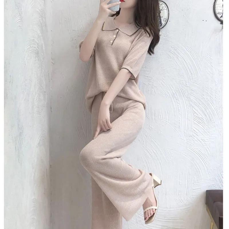 Mode zomer vrouwen LCE Silk gebreide korte mouw trui + elastische hoge taille losse broek sets 210520