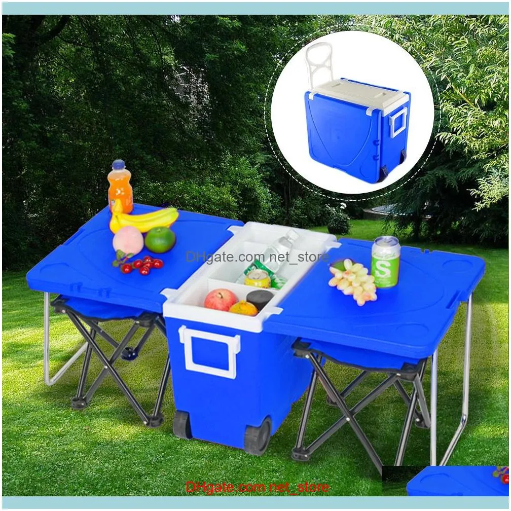 Multi-Function Ice Packs Insulated Beverage Rolling Cooler Warm, Picnic Camping Outdoor Table & 2 Portable Foldable Camping Fishing Chair