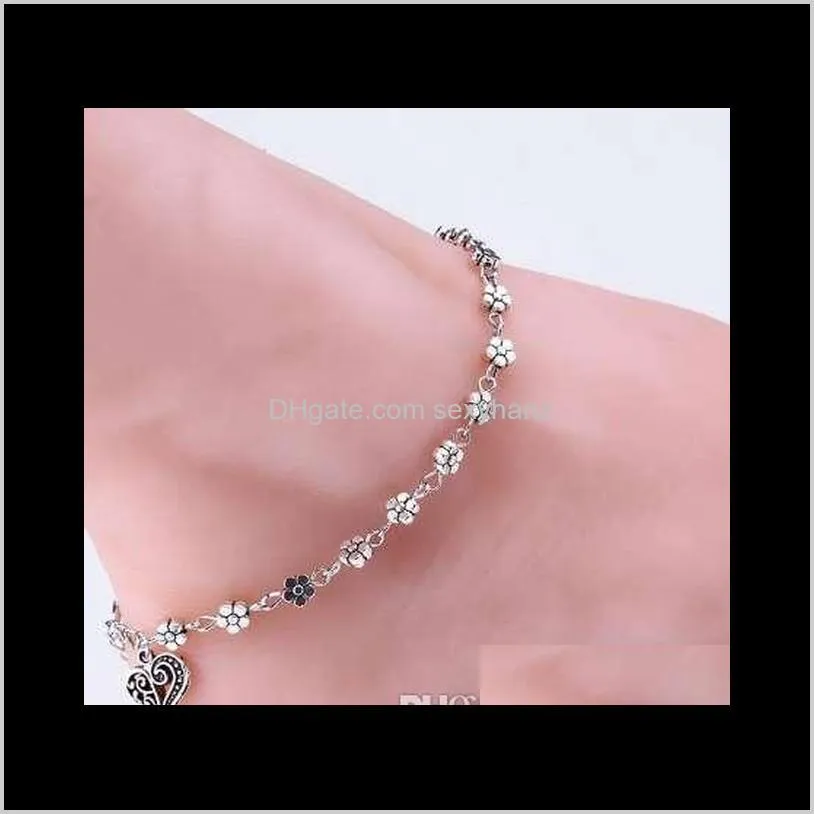 foot chain tibetan silver plated hollow plum flowers heart-shaped anklet tornozeleira bracelet on leg pulsera for women jewelry