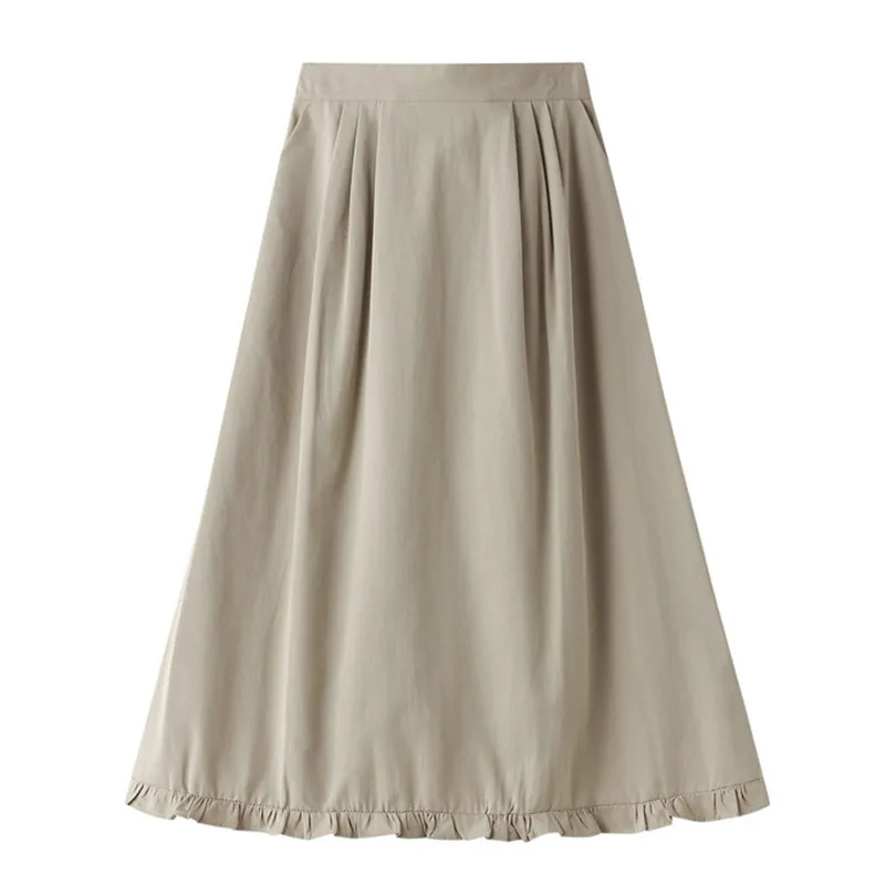 Women Skirts for Spring Summer Sweet grils 100% Cotton Womens A-line long pleated with reffules bottoms skirts 210524