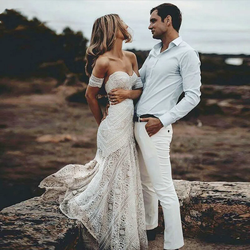 Bohemian Mermaid Beach Wedding Dress Crochet Cotton Lace with Removable Sleeves Backless Tulle Ivory 2024