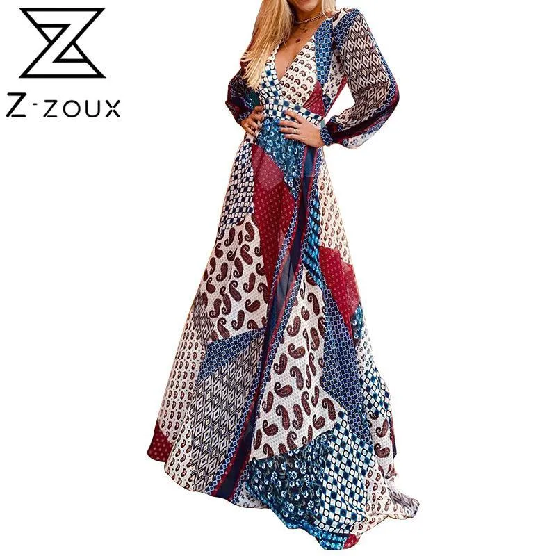 Vestido de mujer Temperamento Escote en V Profundo Espalda descubierta Bohemia Sexy Estampado largo Floral Maxi es Tallas grandes Damas es 210524