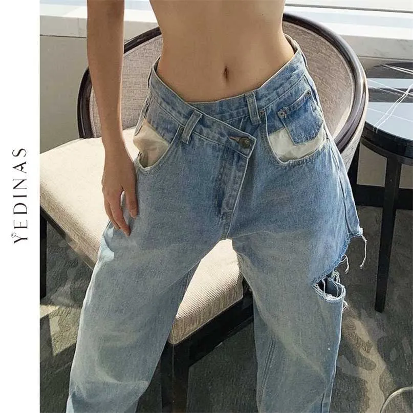 Единас винтажные асимметричные талии дыры прямые джинсы женские сыпучие джинсовые брюки повседневная широкая нога уличная одежда мама 211229