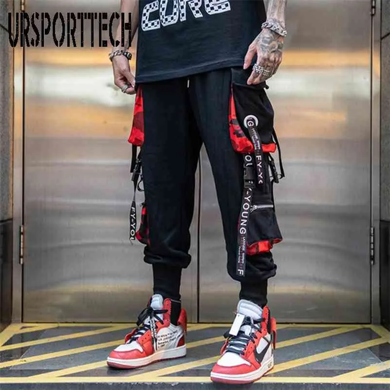 Hip Hop Joggers Hommes Lettre Rubans Cargo Pantalon Poches Piste Tactique Casual Techwear Pantalon Mâle Pantalon De Survêtement Sport Streetwear 210616