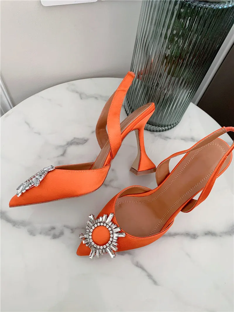 Real photo Fashion Women Shoes Orange Satin Glitter Strass Sexy Pointy Toe thin High Heels stilettos Zapatos Mujer Party Bride Wedding Pumps