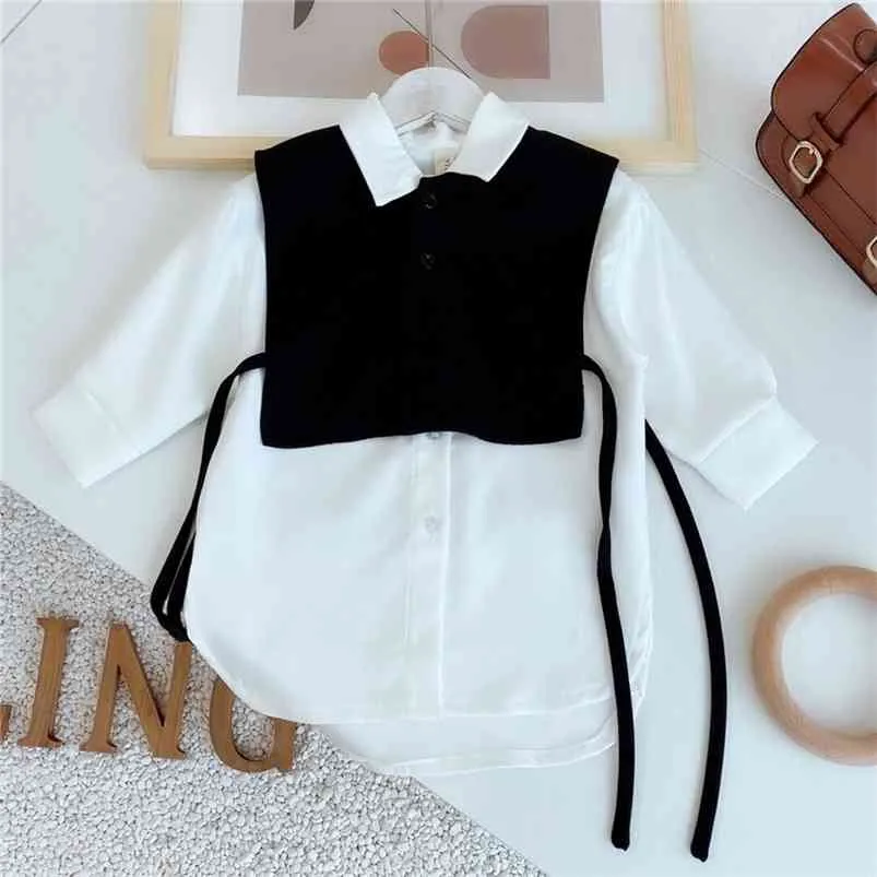 GOOPORSON мода корейских свободных маленьких девочек с длинным рукавом рубашка двух частей набор блузка милые белые длинные топы осень детей костюм 210715