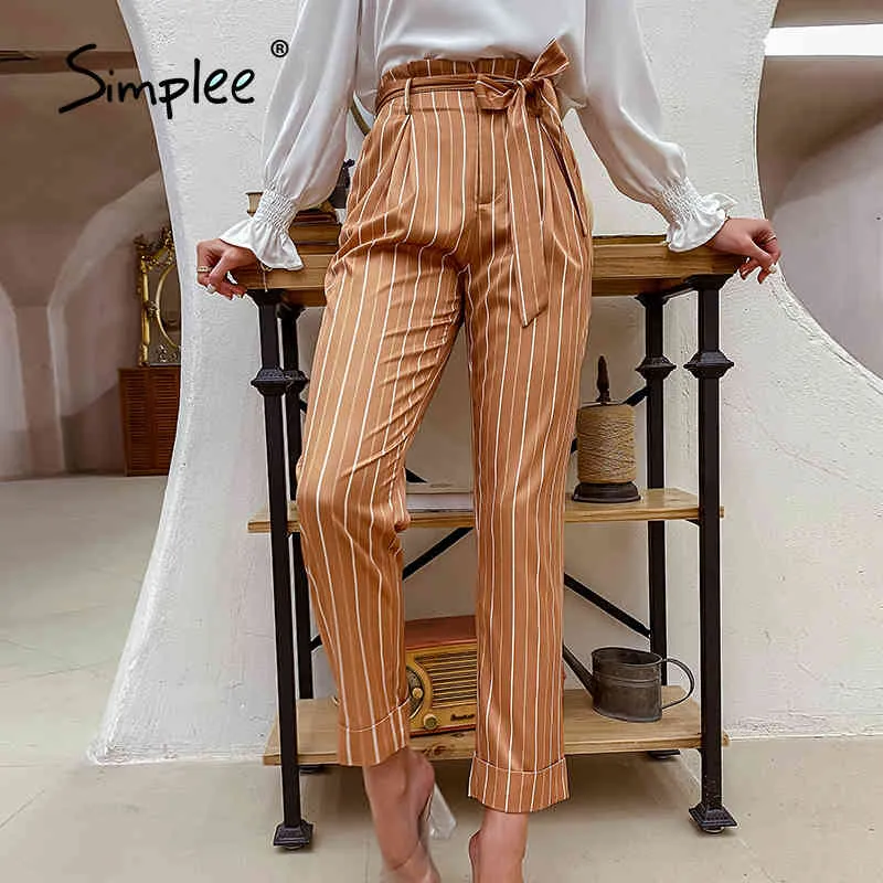 Casual office lady women striped straight pants spring Sash waist female trousers leisure Zipper chiffon bottoms fashion 210414