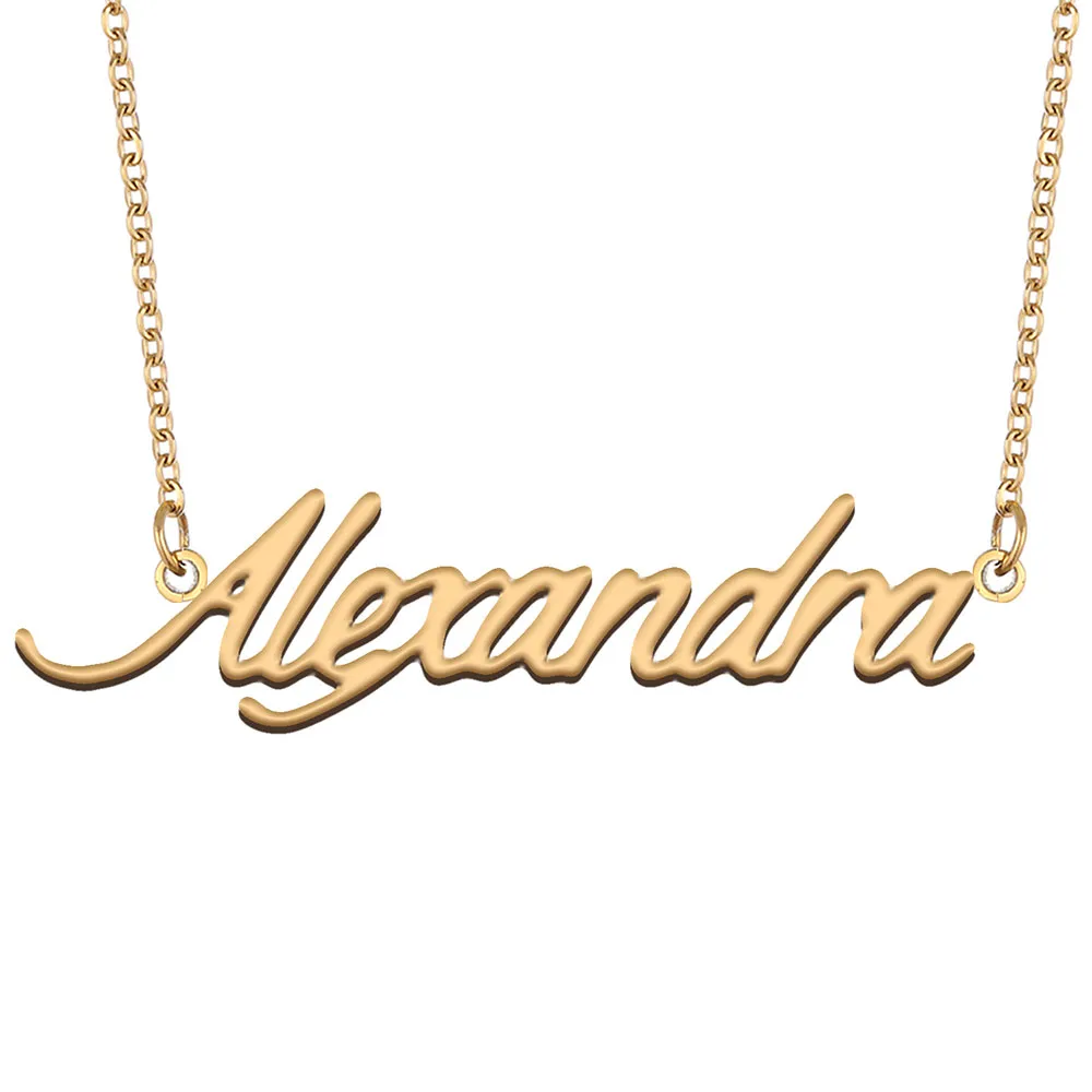 Alexandra namn halsband hänge för kvinnor flickor födelsedag gåva anpassad typskylt barn vänner smycken 18k guld pläterat rostfritt stål