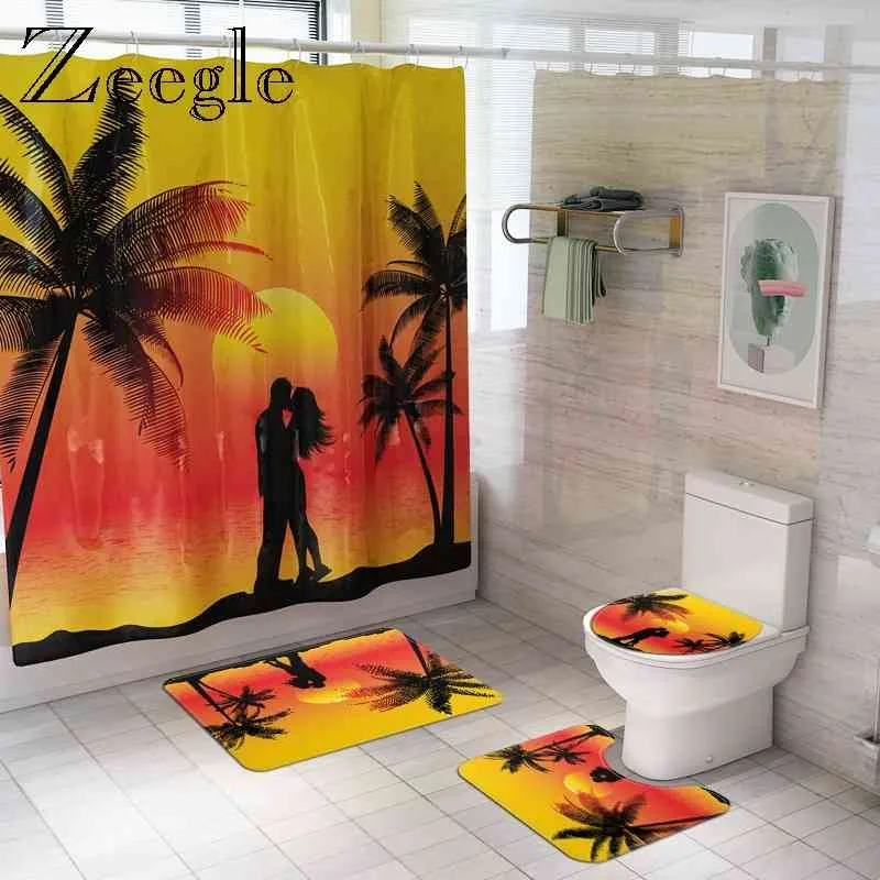 Zeegle Bathroom Curtain and Bath Mat Set Absorbent Bathroom Carpets Toilet Pedestal Rug Foot Mat Waterproof Shower Curtain Set