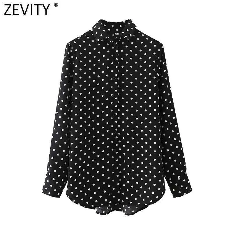 Zeefity Dames Polka Dots Print Casual Black Smock Blouse Office Lady Single Breasted Chiffon Shirt Chique Blusas Tops LS7613 210603