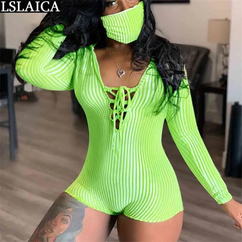 Macacão macacão feminino macacão verde lacing up magro elegante manga longa bodysuit moda casual bodycon sexy mulheres 210515