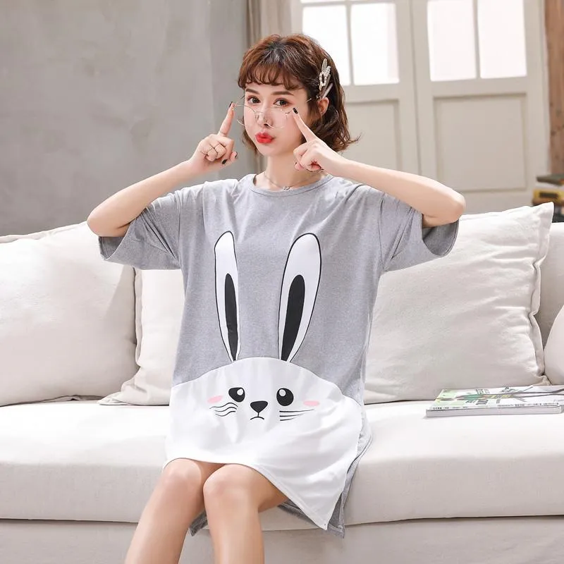 Women Sleep Shirt Dress Cotton Short Sleeve Nightgown Cartoon Sleepwear  Homewear 