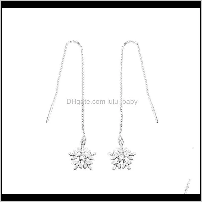 s925 silver japanese and korean small  diamond inlaid snowflake ear line light luxury style temperament show face tassel earrings