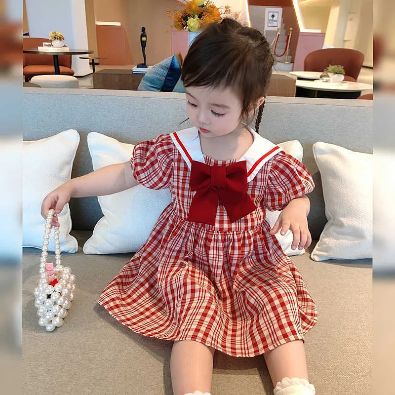 Korean Plaid Princess Dress For Little Girls Short Sleeve, Large