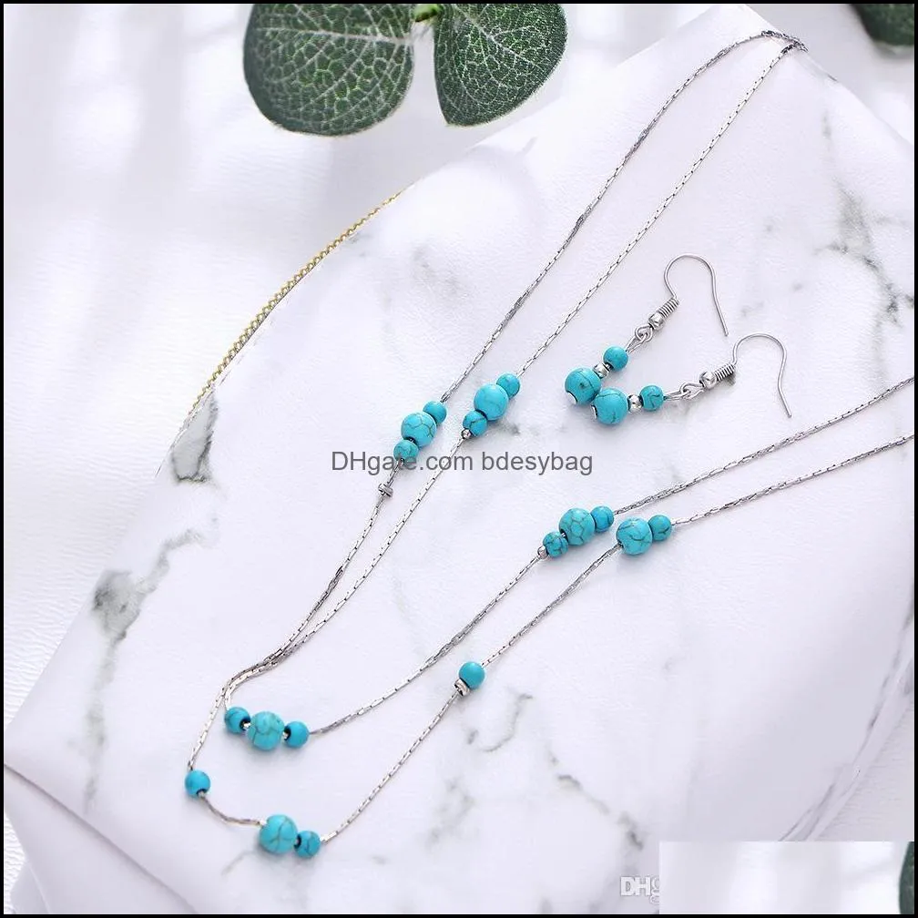 2-color European and American retro jewelry set, Round Turquoise gem multi-layer Necklace Earring Set, female Wholesale sales