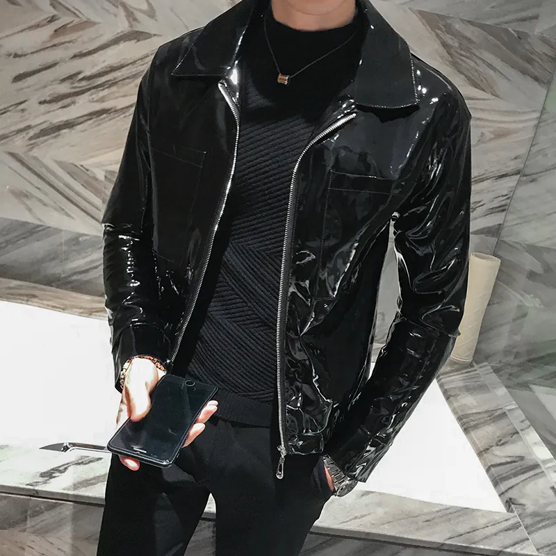 Shiny Leather Jacket Mens Stage Costume Red Black Brown Nightclub Club Mens Leather Jacket Solid Color Slim Mens Jacket Coats