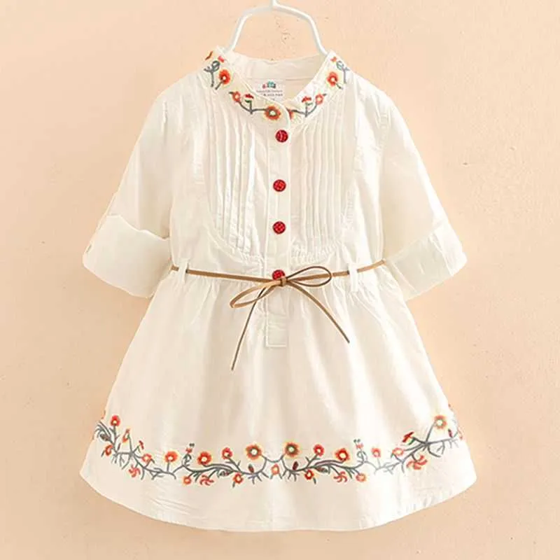 Spring Automne 3-12 âges Broderie Kids Broderie Floral Long et Court Manches Double usage blanc élégant robe princesse fille avec ceinture 210701