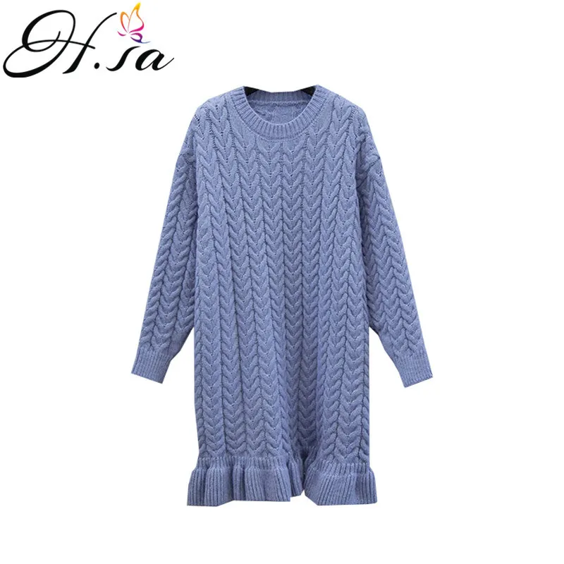 H.SA Pull Femme Hiver Femmes Hiver Pull Robes Twisted Lâche Droite Bleu Tricot Long Chandails Roupa Feminino 210417