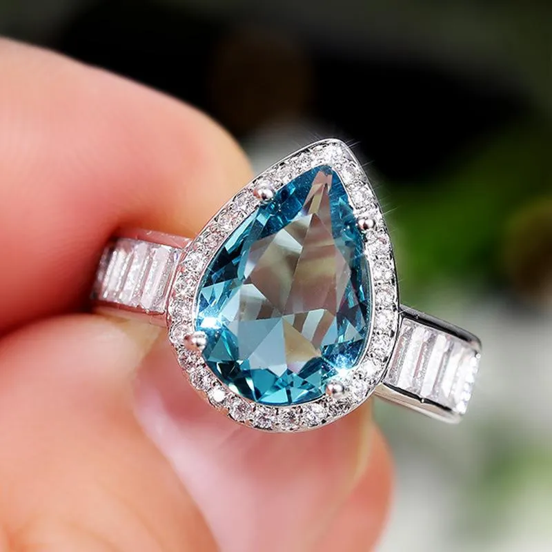 Wedding Rings Cute Female Crystal Water Drop Ring Luxury Silver Color For Women Dainty Aqua Blue Zircon Stone Engagement