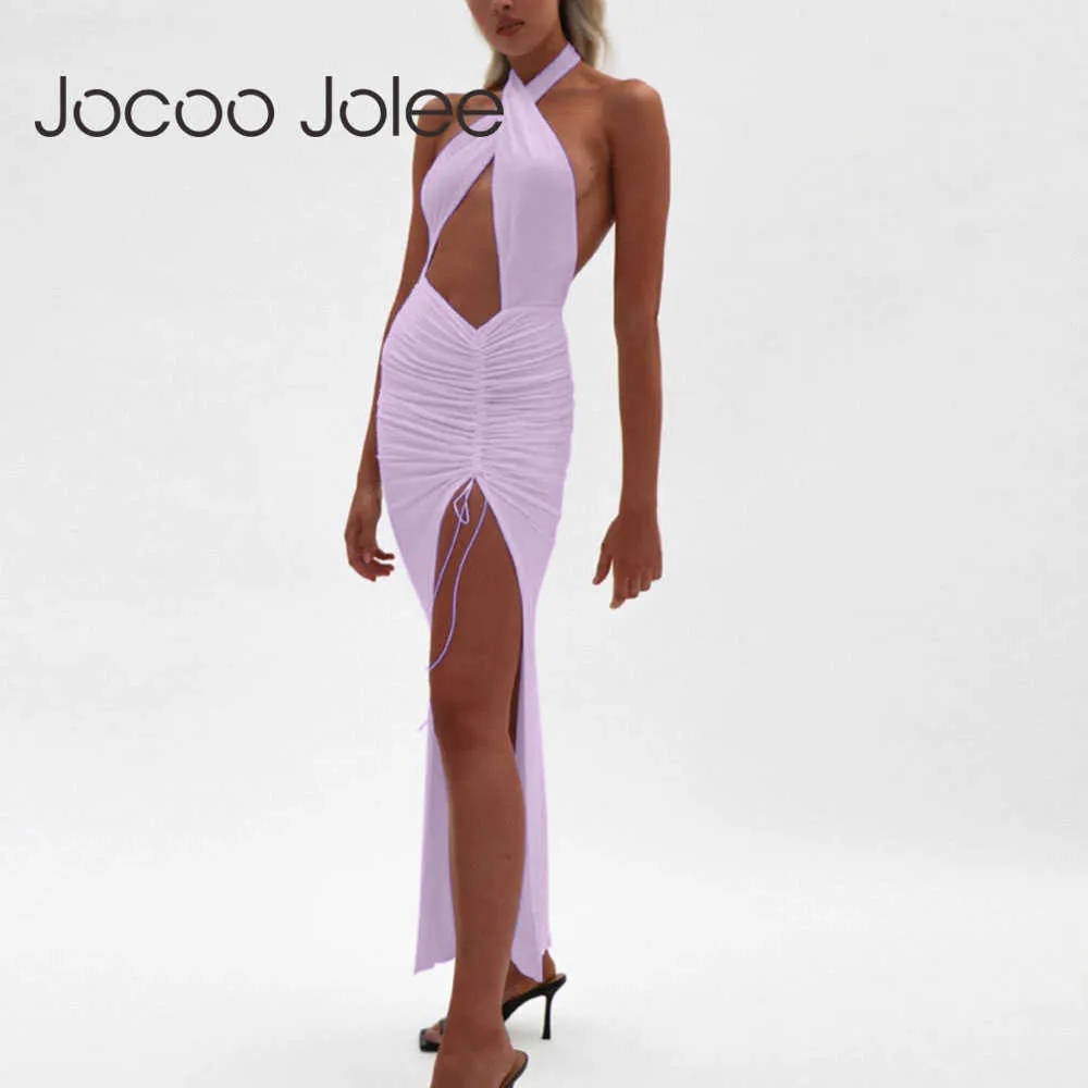 Women Sexy Front Cross Halter Backless Maxi Dress Irregular Hollow Out Waist Strappy Ruched Leg Open Gown Party Dress 210619