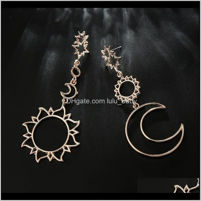 Unique Design Geometric Earrings for women Vintage Fashion Hollow Pentagram Moon Alloy Asymmetric Sun Long Earrings girl`s gift