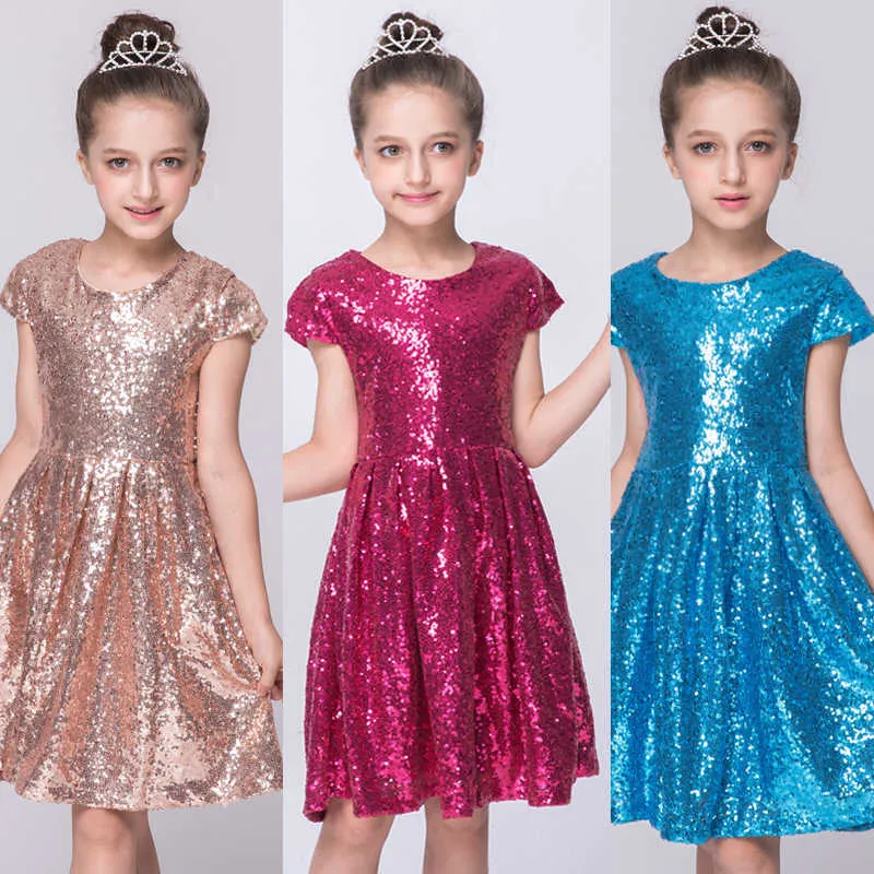 2020 insatsflickor klänning sequin kortärmad klänning fest klänning glänsande prinsessa boutique kläder gyllene ros röd Q0716