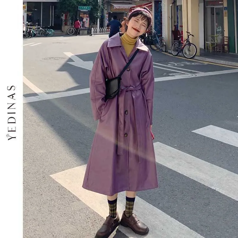 Yedinas Autumn Winter Long Leather Trench Coat Women Belt Loose Purple Jacket Korean Style Fashion Turn-down Neck Windbreaker 210527