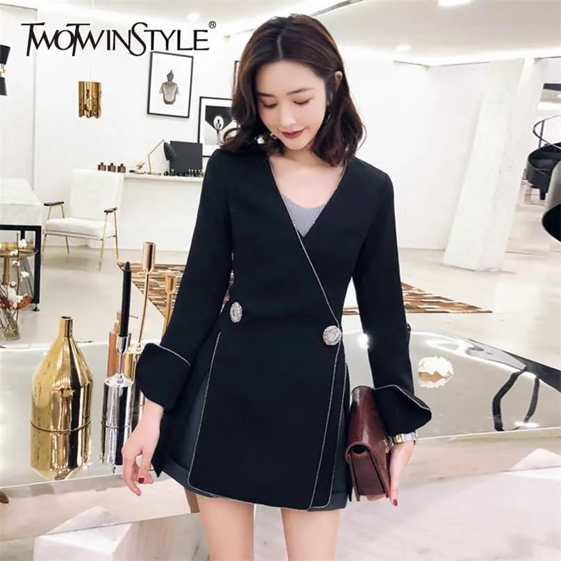 TWOTYLE Casual Black Blazer For Women V Neck Long Sleeve Side Split Korean Slim Blazers Females Spring Fashion Stylish 211006