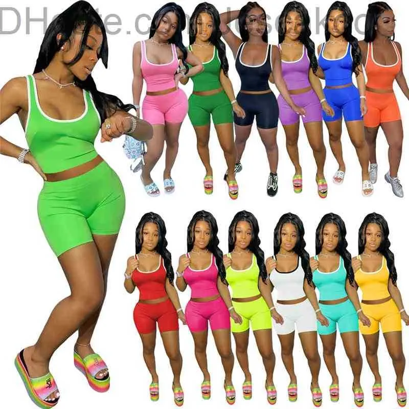 13 colores Pantalones de dos piezas para mujer Chándales Moda Camiseta sin mangas sexy Top + Pantalones cortos Trajes deportivos Chaleco de color sólido Conjuntos cortos Tallas grandes