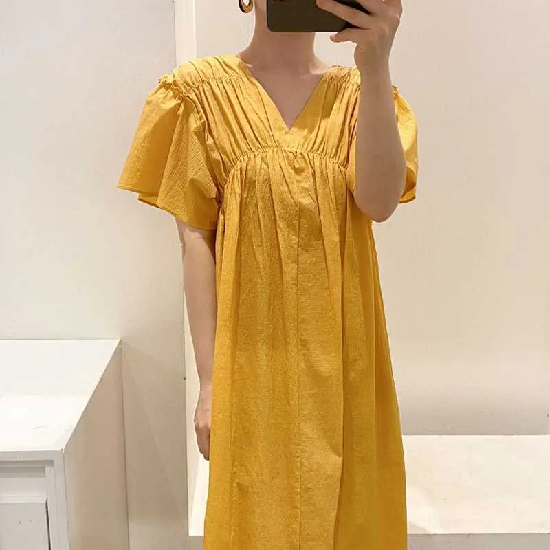 Korean Chic Summer Yellow V Neck Pleated Flying Sleeve Dress Women Loose Retro Casual Solid Vestido De Mujer Fashion Clothing 210610