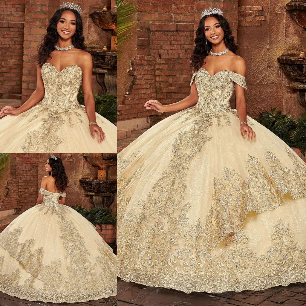 Champagne Gold Tulle Sequins Appliques Off The Shoulder Wedding Dress