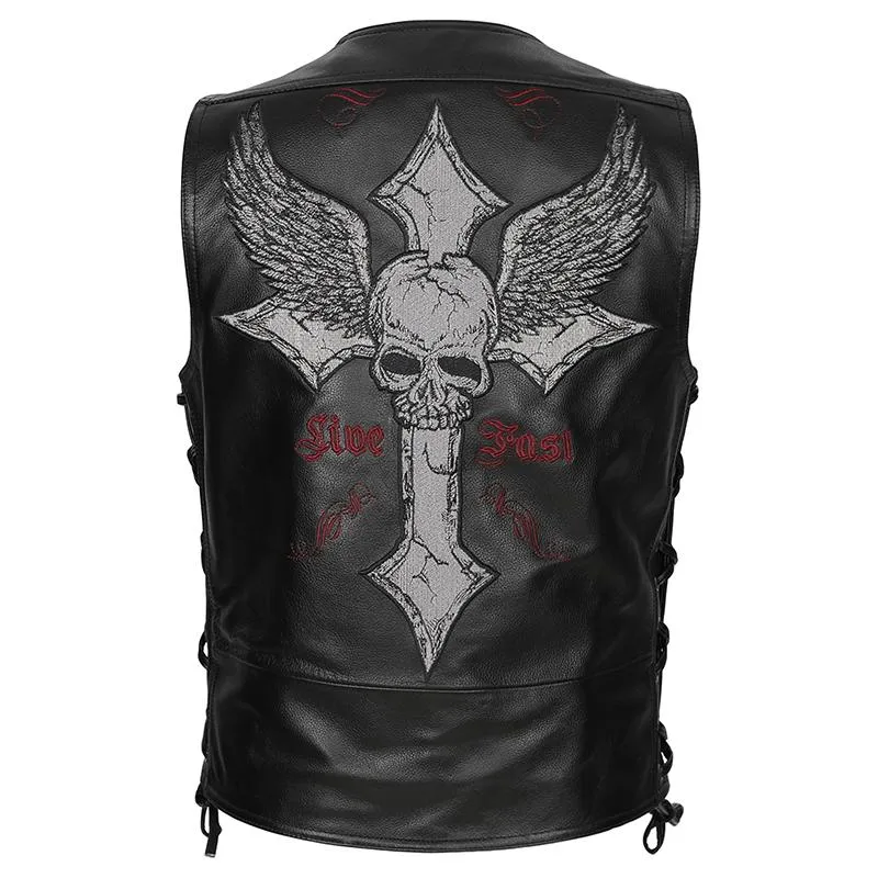 Men's Vests Skull Embroidered Leather Waistcoat Natural Cowhide Real Slim Motor Vest Cross Motorcycle Biker VestMen's