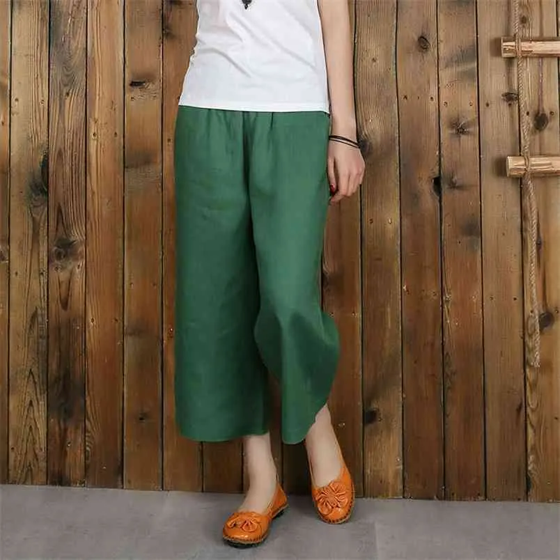 Arrival Summer Style Women Pants Plus Size High Waist Loose Casual Wide Leg Solid Cotton Linen Calf-length D164 210512