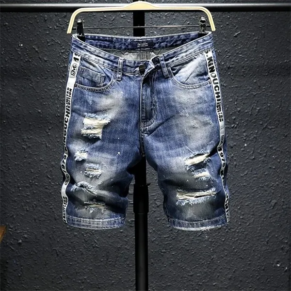 Homens luz azul denim shorts verão buracos de verão curto jeans de alta qualidade homens em linha reta jean casual shorts algodão joelho jeans jeans x0601