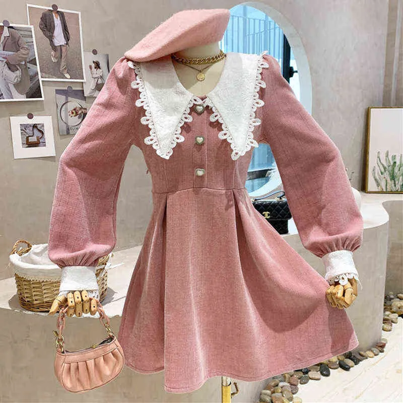 Nowa Jesień Zima Koreańska Moda Chic Słodki Peter Pan Collar Mini Dresses Kobiety Vintage Długim Rękawem Party Dress Rats Vestidos Y1204