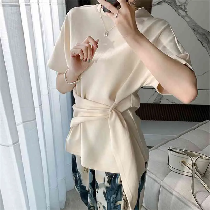 Mozuleva Mulheres Verão Irregular T-shirt Abatindo Sólida Moda Estilo Coreano Lace Up Lady Lacing Tops Curtos 210623