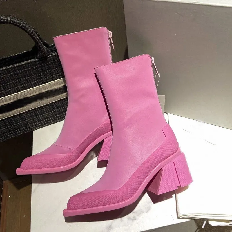 Pointed Toe Botas Winter Genuine Leather Boots Pink High Heel Shoe Women Shoes Zip Chunky Boot Woman