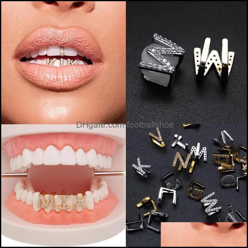 Grillz, gioielli per il corpo Gold Sier Iced Out A-Z Lettera personalizzata Grillz Fl Diamond Denti Fai da te Fang Grills Bottom Tooth Cap Hip Hop Bocca dentale Br