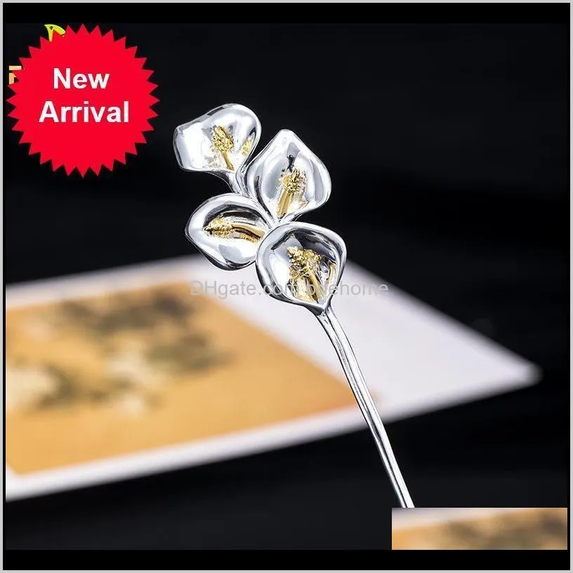 Hairpins Drop Delivery 2021 925 Sterling Sier Calla Lily Hairpin For Women Original Handmade Hair Sticks Fine Jewelry Chinese Retro Style Han