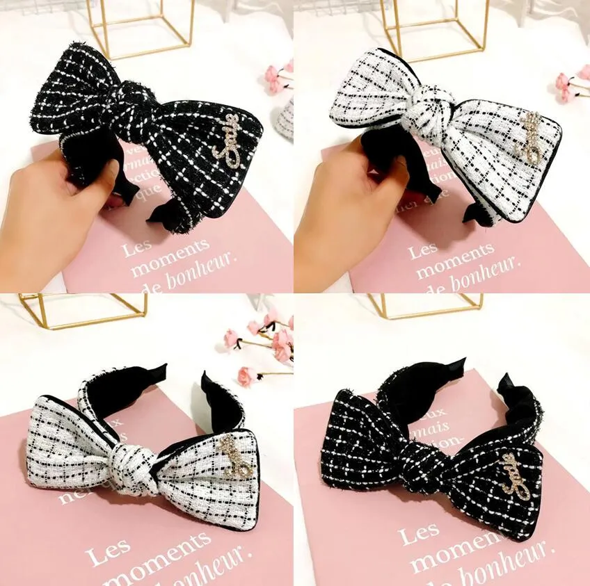 Designer de luxe Cristal Strass Grille Lettre Imprimer Bandeau De Mode Femmes Haute Qualité Bowknot Large Bord Bandeaux Turban Hairhoop Headwears Accessoires De Cheveux