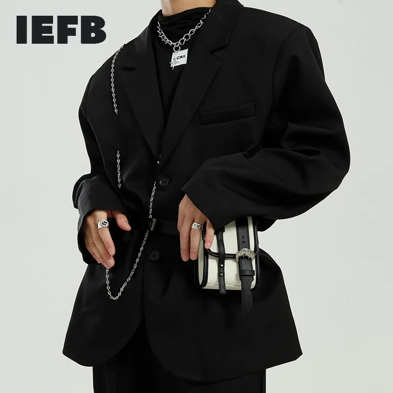 iEKB الرجال ارتداء الربيع تصميم الحلل الكورية ins سلسلة سلاسل واحدة الثدي عارضة دعوى معطف طويل الأكمام القماش 9Y5378 210524
