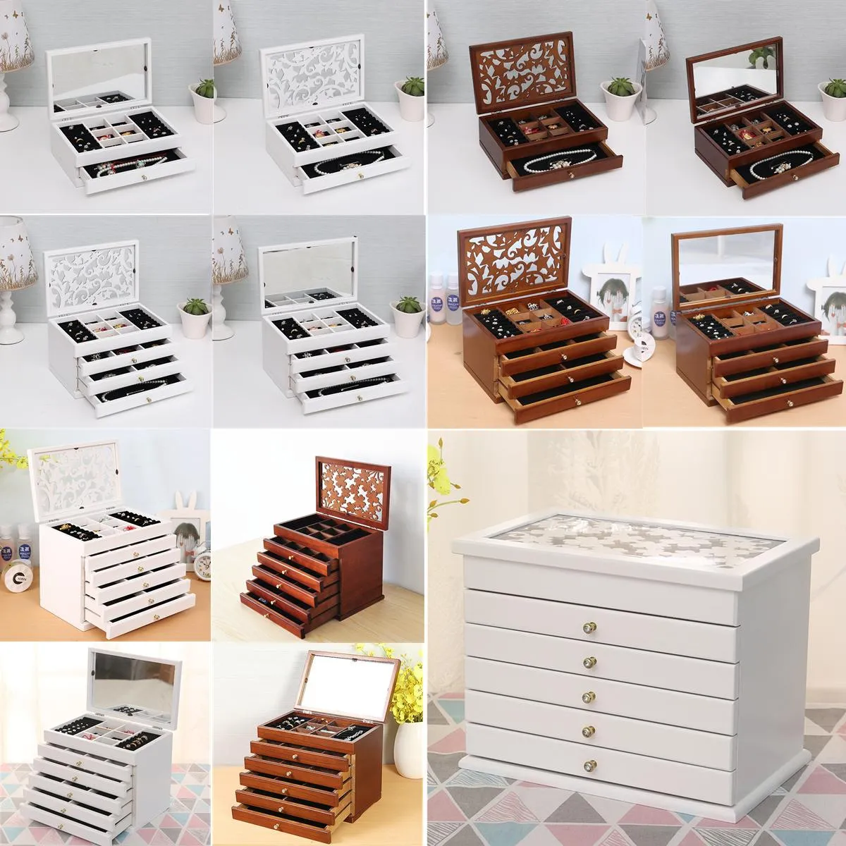 6 Layers Wooden Jewelry Box Jewelry Display Casket Earrings Ring Boxes  Jewelry Organizer Gift Box White/Brown