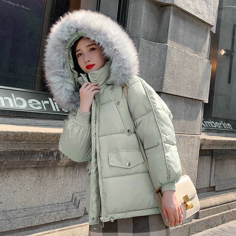 Big Fur Collar Hooded Winter Women Short Parkas Solid Warm Down Cotton Coat for Ladies Thicken Loose Zipper Cotton Padded Jacket X0901