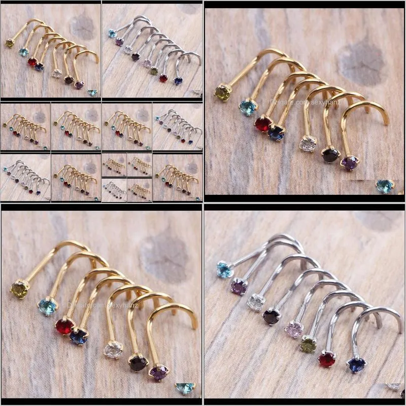 crysta gold silver zircon nose ring screw nose stud clear pink red purple curved steel pin ring piercing 20g 0.8mm