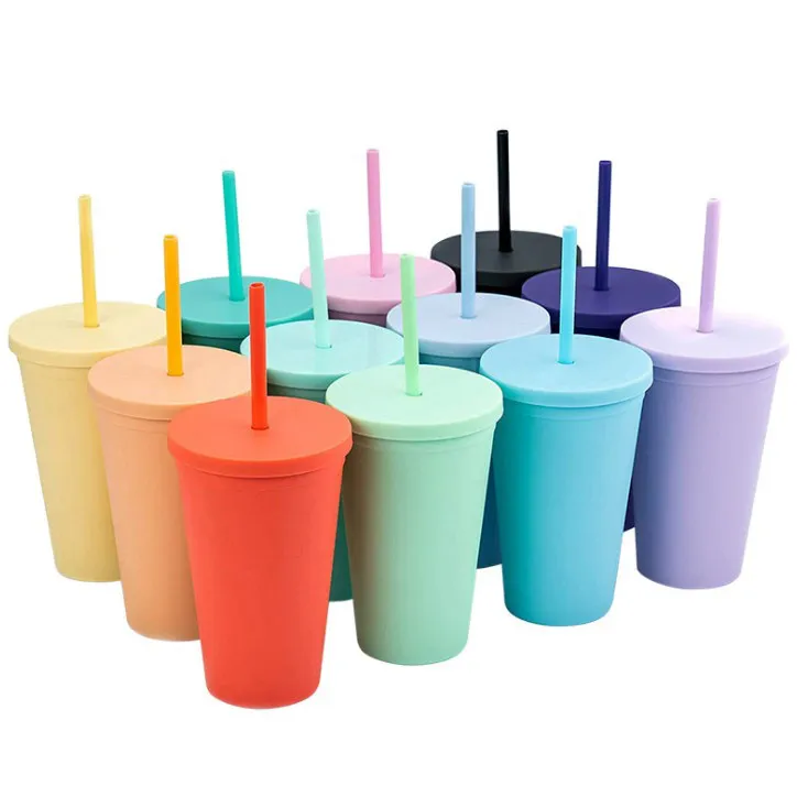 2021 16oz tumblers retos duplos camada bebendo suco de suco com lábio palha caneca Costom plástico xícaras muitas cores fy4421