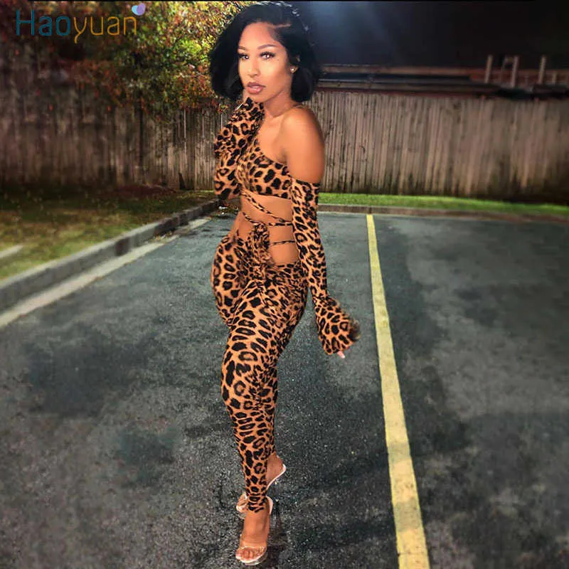Haoyuan Sexy Leopard Two Piece Set Tracksuit för Kvinnor Kläder One Shoulder Långärmad Skörd Top och Byxor Birthday Club Outfits Y0625