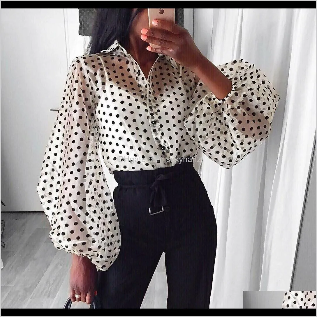 2019 fashion dots blouse women sexy sheer polka dot organza blouse top perspective puff sleeve blusas women shirts ejqs#