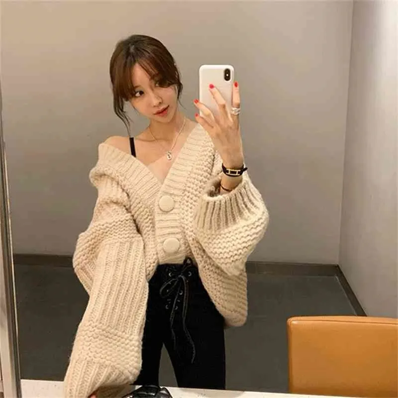 Korea Autumn Cross-Shoulder Dikke Sweater Knit Cardigan Volledige Computer Gebreide Vesten Regelmatige 210416